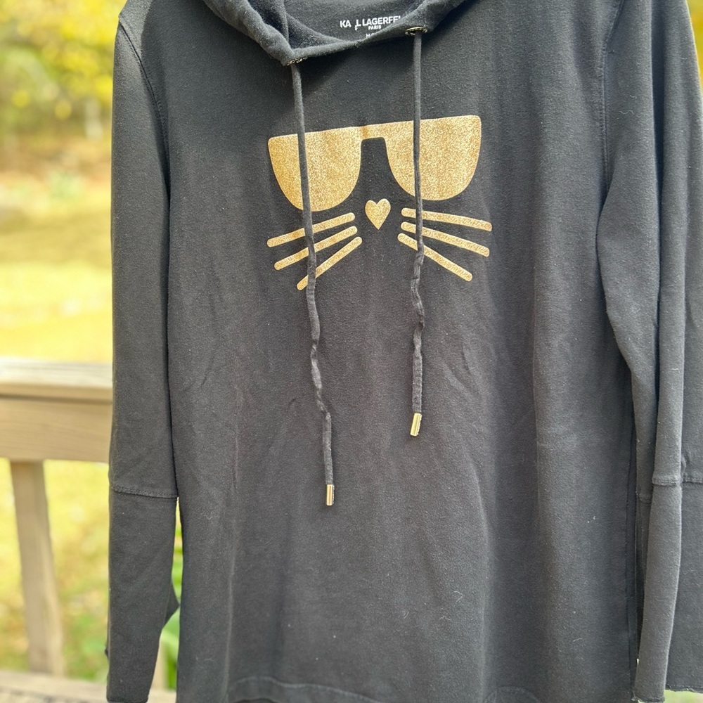 Karl Lagerfeld Paris Choupette Cat Gold Glitter Black Hoodie Sweatshirt Size M - Picture 3 of 16